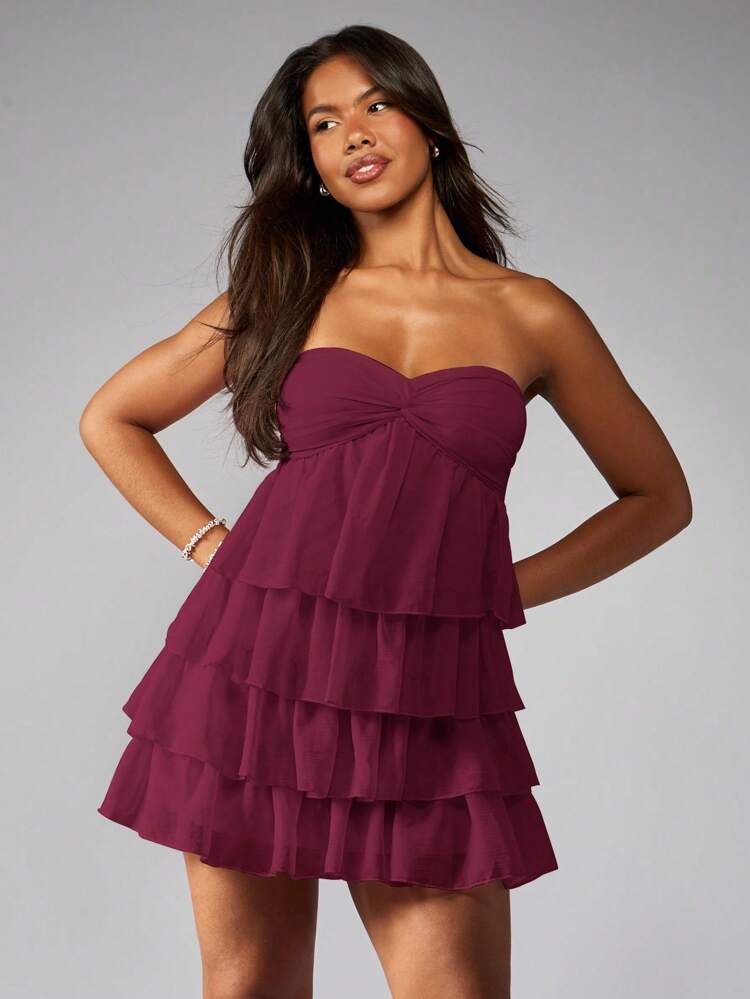 MISSGUIDED Strapless Mini Dress Tiered Ruffle Party Wedding Guest Bridesmaid Twist Front Empire Waist