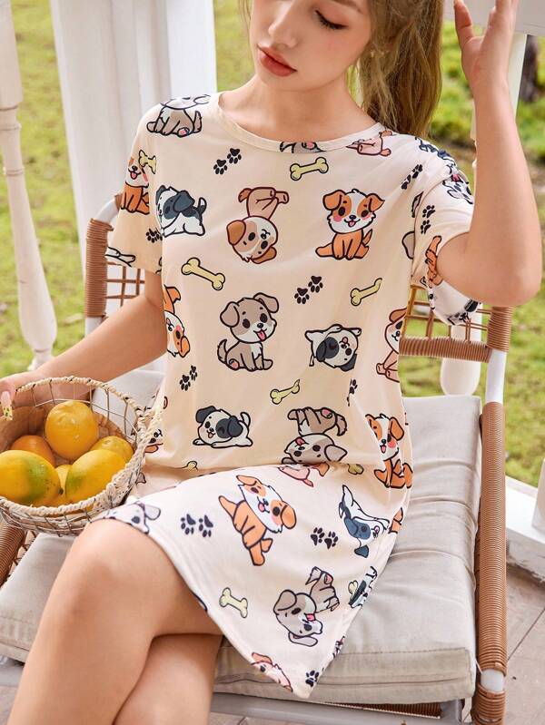 Dream Adore Cute Puppy Print Knit Round Neck Short Sleeve T-Shirt Nightgown Dog Pajamas For Women Cartoon Pajamas Women Cute Pajamas For Women Dog Print Pajamas Puppy Pajamas