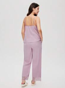 LUVLETTE Summer Women Breathable 100% Pure Cotton Purple Lace Elegance Trim V-Neck Camisole Top & Pants Airy Loungewear Pajama Set Cotton Pajamas - Purple - View 2