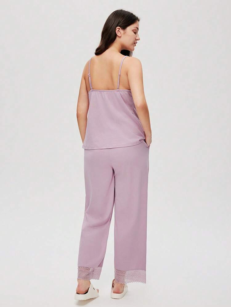 Cotton Purple Lace Trim V-Neck Camisole Top & Pants Loungewear Pajama Set