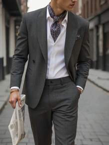 Manfinity Mode Men's Casual Lapel Double-Breasted Linen Blazer And Pants 2-Pieces Set, Perfect For Going Out And Everyday Wear - Dark Grey - View 1