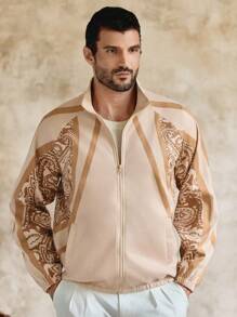 Manfinity VCAY Chaqueta con cremallera y cuello impresa casual para hombres, adecuada para uso diario. Ropa de diseñador de lujo para hombres, ropa de resort con estampado de paisley. Chaqueta con cremallera para hombres para otoño e invierno - Multicolor - Ver 3