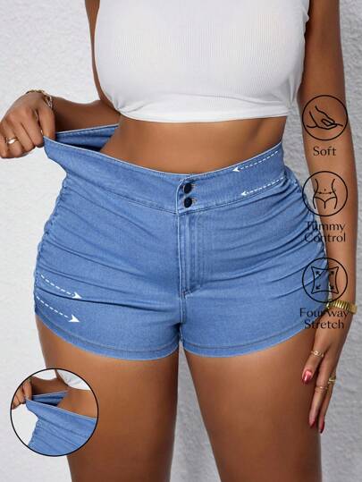 Flexra Pantalones cortos de mezclilla con cintura elástica y diseño de fruncido lateral para mujer de talla grande, shorts vaqueros de punto elástico y cómodos, estilo casual de verano
