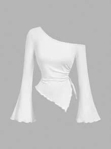 SHEIN MOD 女式杏色抽绳不对称下摆喇叭袖 T 恤，露肩 T 恤，秋季女装，舒适 T 恤 - 彩色 - 查看 10