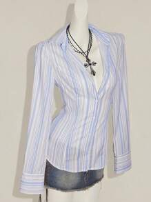 SHEIN ICON Women's Striped Shirt, Vintage Sexy Backstrap Cinched Waist Office Mermaid Style, Avant-Garde - Multicolor - View 6