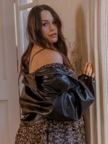 Aralina Curve Winter 皮革外观 PU 短款宽袖按扣夹克 - 黑色 - 查看 6