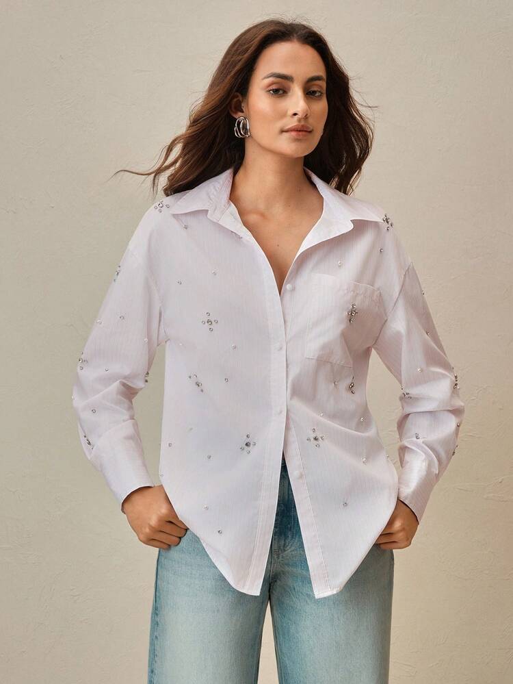 Women's New Beaded Blue Long Sleeve Elegant Button Up Shirt, Stylish Ladies Shirt Top