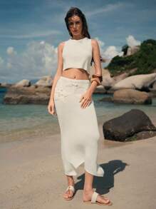 Elaire Conjunto de falda y cubrecuerpo con borde asimétrico de punto con estampado de estrellas, ideal para vacaciones de verano y playa para mujeres - Beis - Ver 4