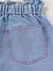 SHEIN Y2K 风格水洗浅色休闲宽松心形刺绣腰带阔腿牛仔裤，适合青少年女孩，简约百搭，适合日常穿着 - 淺色水洗藍 - 查看 7