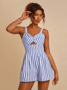 Travachic 亚麻宽松条纹编织休闲细肩带女式连体裤，度假风格，夏季 - 藍白色 - 查看 1