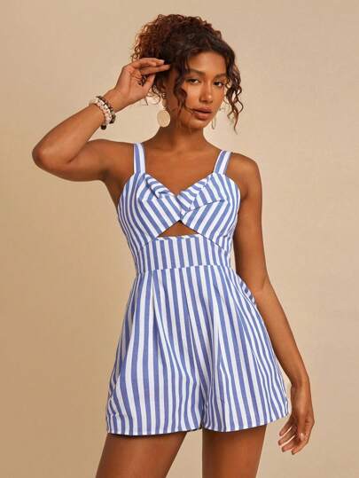 Travachic 亚麻宽松条纹编织休闲细肩带女式连体裤，度假风格，夏季