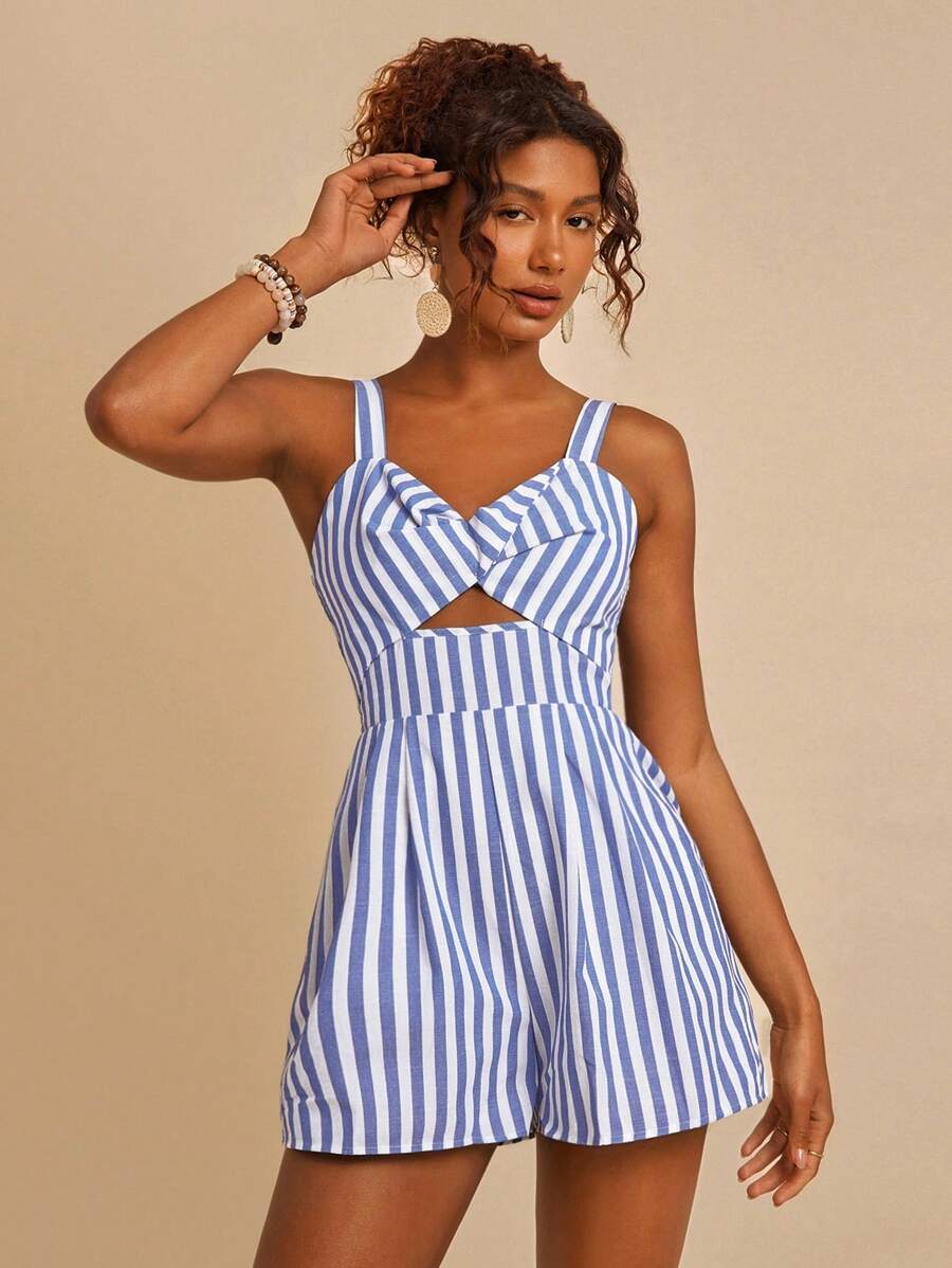 Travachic 亚麻宽松条纹编织休闲细肩带女式连体裤，度假风格，夏季 - 藍白色 - 查看 1