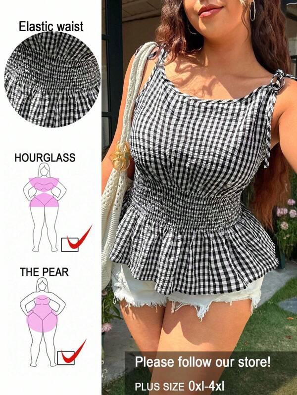 Solflare Plus Size Women Vacation Casual Plaid Cut-Out Cinched Waist Blouse