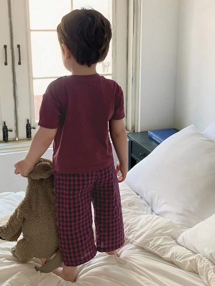 Toddler Boys Round Neck Short Sleeve T-Shirt And Plaid Pants 2 Piece Home Outfit, Summer