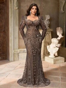 Aureia فستان سهرة فاخر طويل بأكمام شفافة وطوق تدليك، قماش بني قهوائي، خصر شفاف مرصع بالترتر والخرز، مناسب لمناسبة الزفاف، والحفلات والأحداث الرسمية