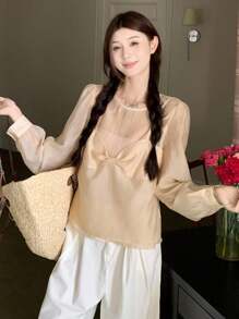 DAZY Women's Casual Round Neck 2 In 1 Long Sleeve Shirt,Fall Women Clothes