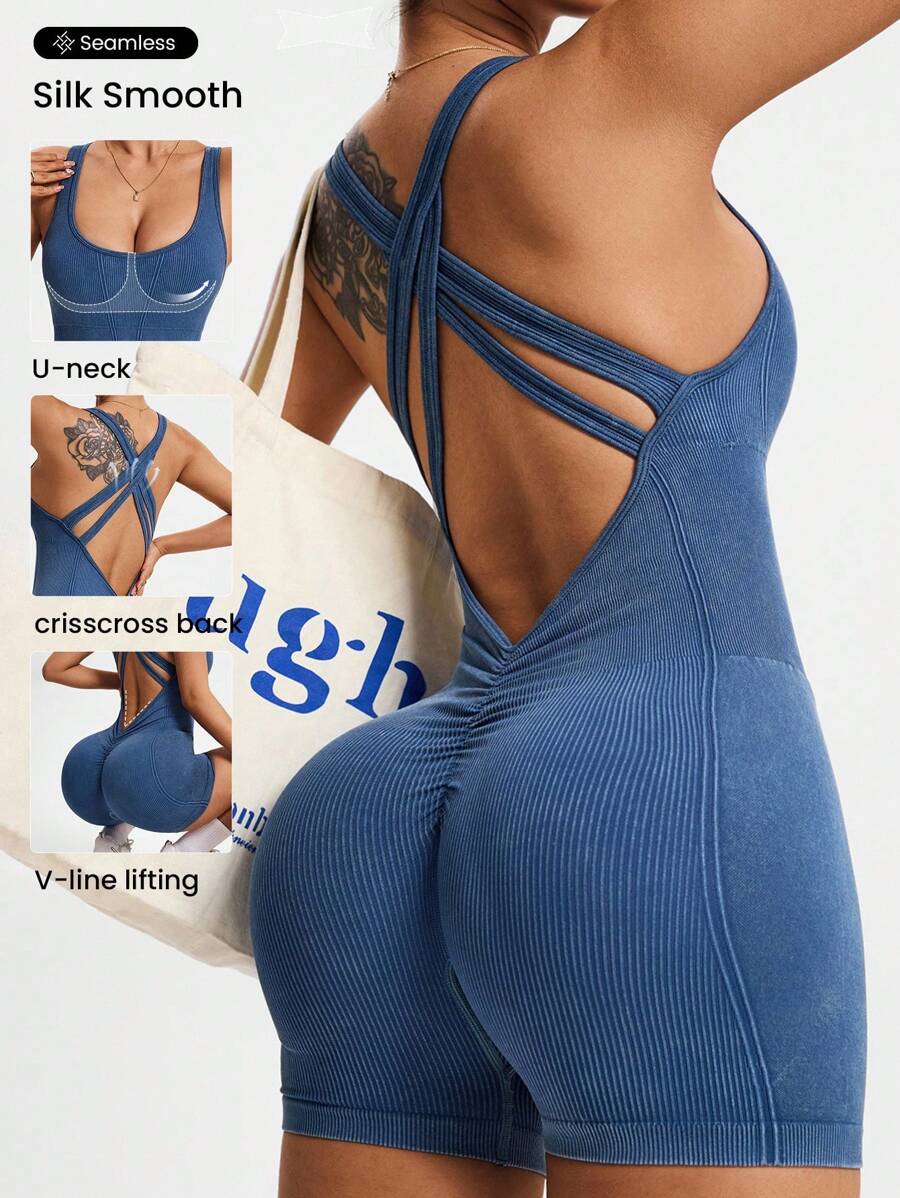 Slayform Seamless Yoga Jumpsuit/Matte Finish/Criss-Cross Back Design/Sexy Open Back/Activewear Yoga - Multicolor - View 1