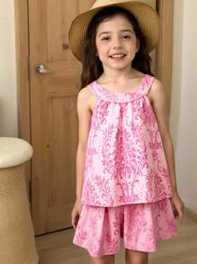 SHEIN Vintaside Kids 2pcs/Set Young Girl Summer New Fashion Casual Vintage Breathable Loose Digital Print Sleeveless Top + Shorts Set