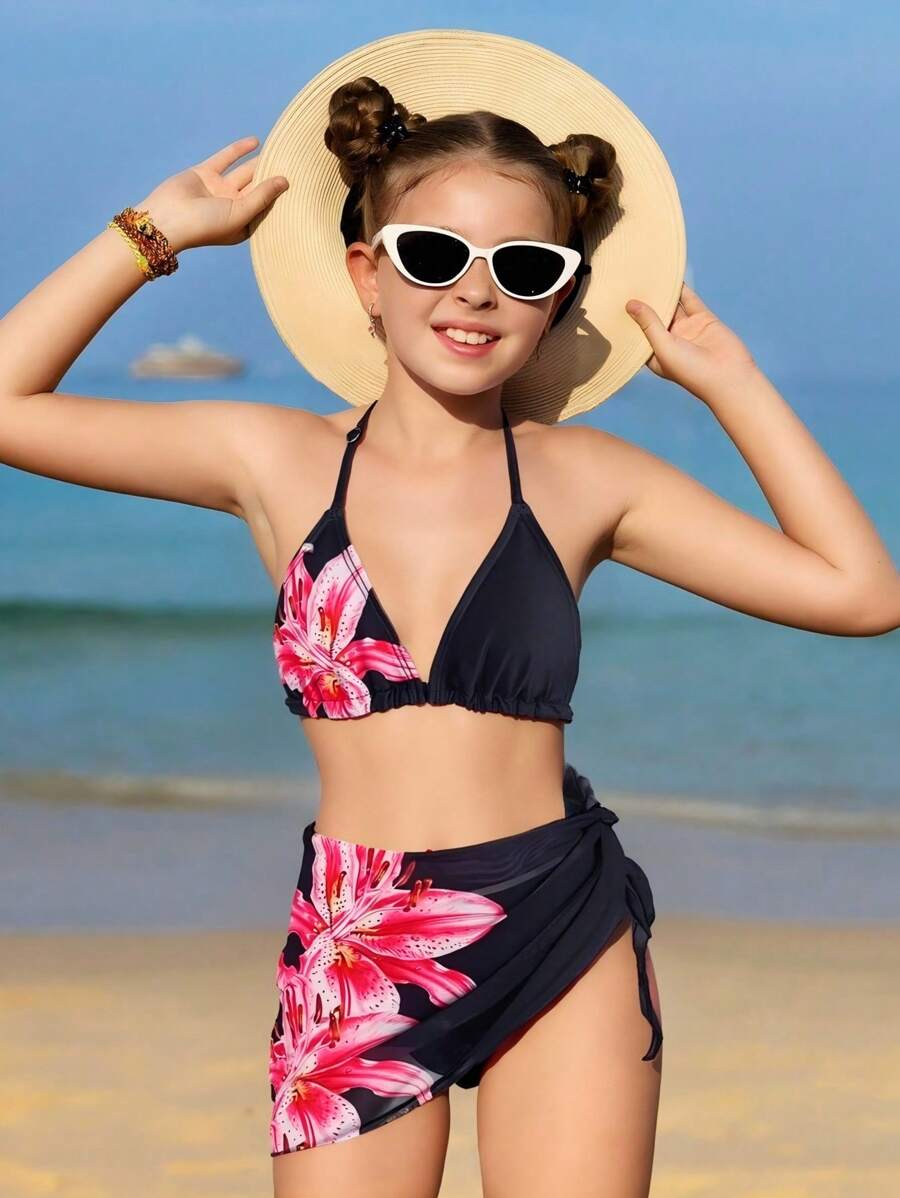 SHEIN Tween Boys Printed Bikini & Pareo/Sarong 2pcs Swimsuit Set Summer Holiday - Black - View 1