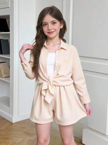 3 PiecesTween Girl Casual/Home Loose Drop Shoulder Lapel Button-Up Woven Texture Shirt, Fitted Stretchy Knit Camisole And Matching Shorts Set, Khaki & Apricot, Suitable For Home, Outgoing, Back To School And More Occasions