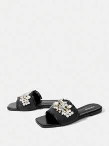 Styleloop 女士杏色坡跟厚底编织厚底结饰舒适度假凉鞋，波西米亚风格，适合音乐节、派对和休闲穿着 - 黑色 - 查看 3