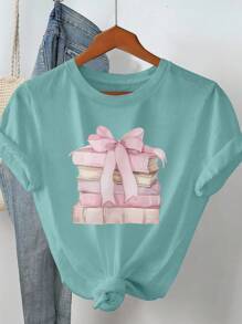 女士夏季休闲书籍和蝴蝶结印花圆领T恤