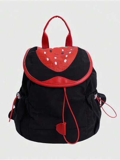 Kawaii 1 pieza Mochila de moda con estampado de fresa kawaii y lindo en color negro, adecuada para uso diario, escuela, viajes, etc.
