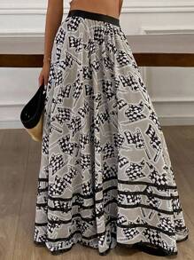 Livesso Falda de patchwork floral, falda casual de vacaciones para mujeres, otoño - Negro - Ver 6