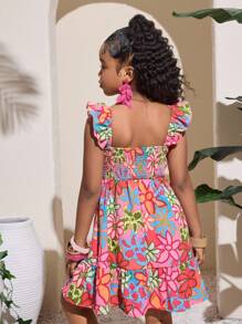 SHEIN Tween Girls Casual Vacation Flared Mini Dress With Tropical Print And Keyhole Back