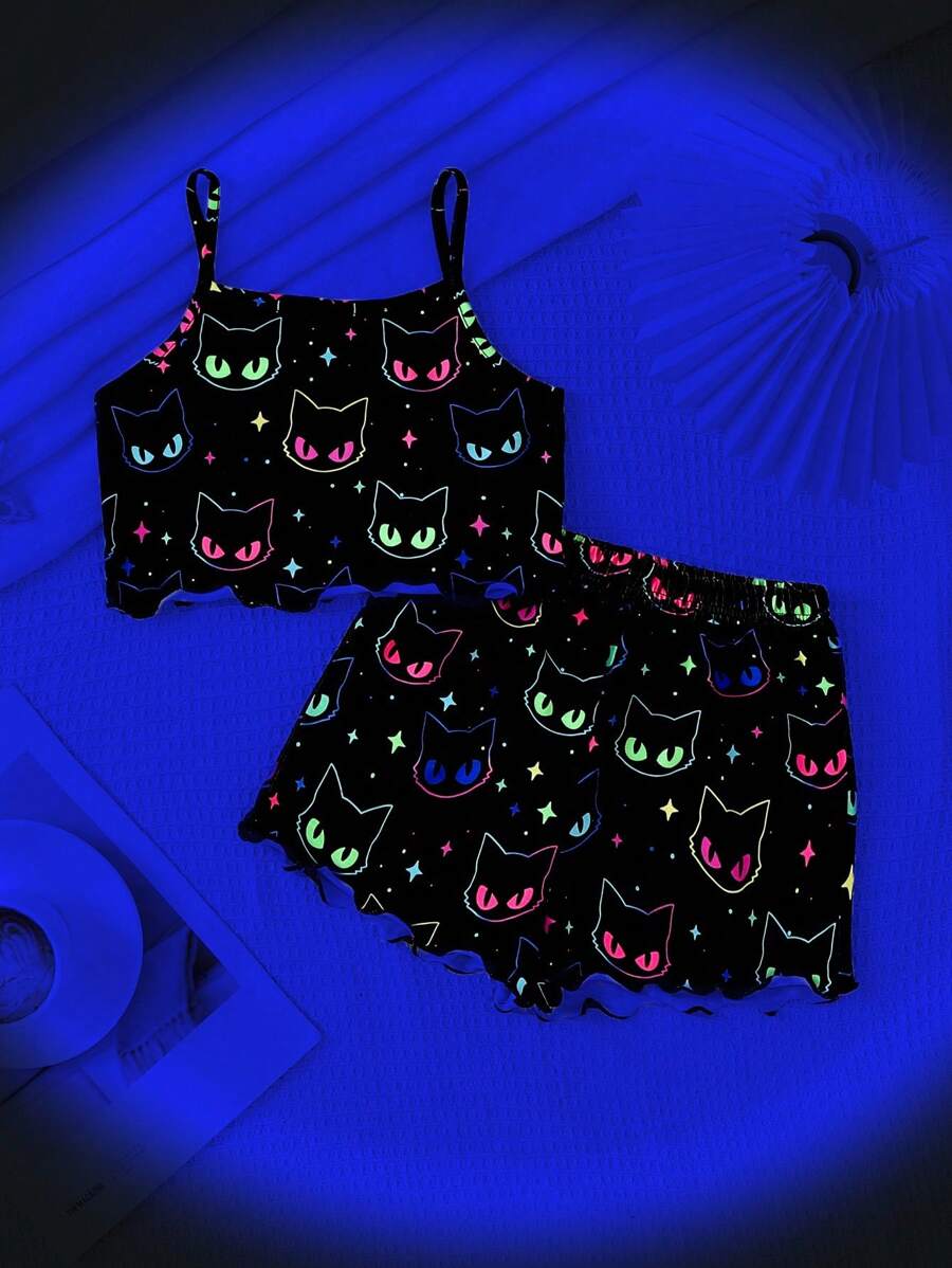 SHEIN Dozemod Kids Young Girl Cartoon Glow In The Dark Kitty Print Camisole & Shorts Knit Comfortable Casual Black Pajama Set, 2 Pieces - Black - View 1