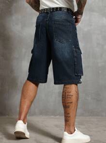 Manfinity Roughcore Men's Two-Tone Pocket Casual Loose Fit Denim Bermuda Shorts Washed Denim Cargo Shorts - Dark Wash - View 2