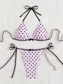 Bonvoyette 2pcs/Set New Summer Colorful Polka Dot Print Halter Backless Tie Sexy Bikini Swimsuit Beach Party Suit For Women - Multicolor - View 7