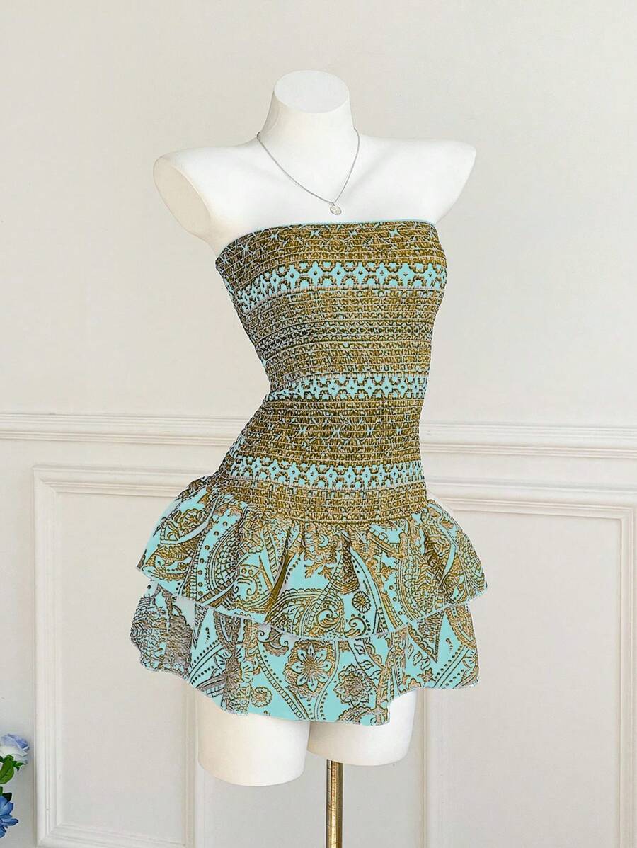 Elamini Váy in họa tiết thường ngày ống bó viền bèo nhún cổ điển dành cho nữ - Nhiều màu - Xem 1