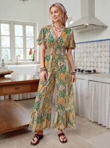 LanaWest Damen Jumpsuit mit Allover-Muster und Raffungen an den Ärmeln - Zufälliges Blumenmuster - Verschiedenfarbig - Übersicht 4
