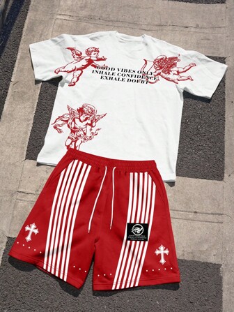 Anime 2pcs Street Life Angels Printed Men's Casual Loose Printed T-Shirt And Shorts Set