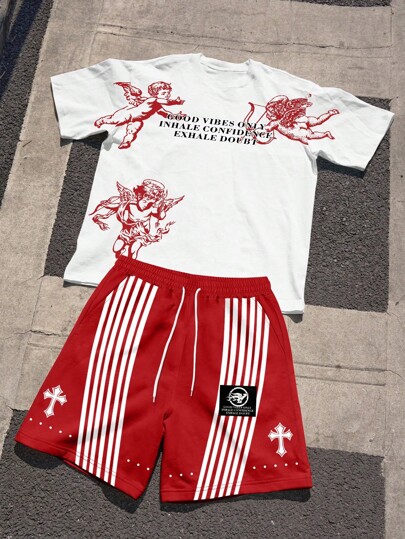 Prep 2pcs Street Life Angels Printed Men's Casual Loose Printed T-Shirt And Shorts Set