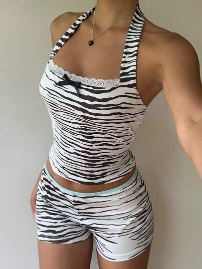 SHEIN EZwear Women's Summer Zebra Print Bow Decor Halter Top