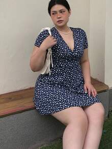 CovetEZ Women Plus Size Casual Holiday Floral Print A-Line Dress, Summer,Beach Dress Sundress,Holiday Outfits Boho - Navy Blue - View 5