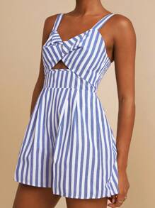 Travachic 亚麻宽松条纹编织休闲细肩带女式连体裤，度假风格，夏季 - 藍白色 - 查看 3