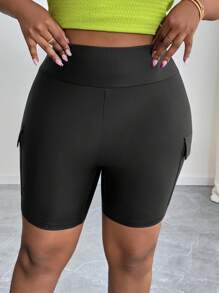 SHEIN PETITE CURVE Pantalones informales de calle, con bolsillos tridimensionales, cintura ancha, ajuste ceñido, pantalones de ciclismo, shorts elásticos de cuero tejido para mujeres, para el verano, adecuados para personas de estatura talla grande baja - Negro - Ver 4