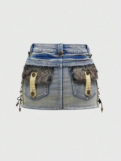 Grunge Punk Minigonna attillata Y2K retrò in stile patchwork con tasche, legame frontale e peluche (comprende leggings)