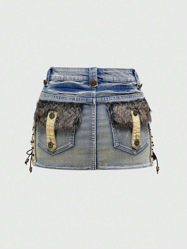 ROMWE Grunge Punk Y2K Retro Crop Fuzzy Tie Front Pocket Patchwork Bodycon Mini Skirt (Comes With Leggings)