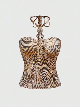 Grunge Punk Top smanicato retrò alla moda in stile Y2K, con decorazione al collo e spalline in perle dorate e stampa leopardata