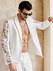 HIMLAND 男士蕾丝拼接单排扣休闲百搭通勤西装外套，男士西装外套，图案独特，适合度假、海滩，送给丈夫/男友的礼物，简约时尚通勤装 - 白色 - 查看 5