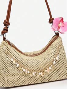 ROMWE Fairycore Túi đeo vai chéo cho nữ, họa tiết hoa, sợi raffia, hình vỏ sò, phong cách bãi biển, sức chứa lớn, thích hợp cho kỳ nghỉ và mua sắm - Màu be - Xem 3