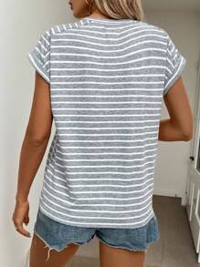 Easowa 女士夏季條紋印花圓領蝙蝠袖休閒T恤 - 灰色 - 查看 2
