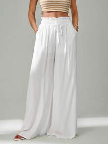 SHEIN Tall Women's Solid Color Drawstring Waist Loose Fit Summer Casual Pants - White - View 3