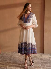 MOTF PREMIUM PAISLEY PRINT V-NECK ZIPPER MIDI DRESS - Multicolor - View 4