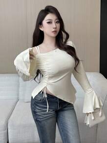 Flirla Plus Size Women Bell Sleeve Off-Shoulder Asymmetrical Design Fitted Drawstring T-Shirt, Slim Fit Fall Cloth For Women - Beige - View 4