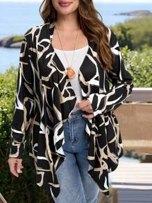 EMERY ROSE 加大码优雅几何图案轻薄休闲开衫适合初秋印花和服女和服秋季女装女冬装女冬装女冬装冬季夹克女 - 彩色 - 查看 4